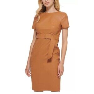 NWOT CALVIN KLEIN Beige-Luggage Sz.8 Faux Leather Dress Belted Exposed Back Zip